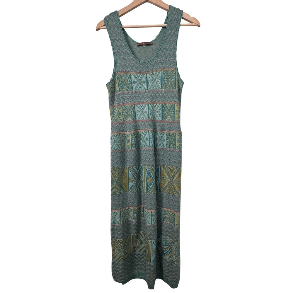 Peruvian Connection Teal Blue Green Geometric Knit Sleeveless Midi Dress Sz M